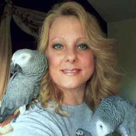 head shot of Lisa Bono with African grey parrot on either shoulder